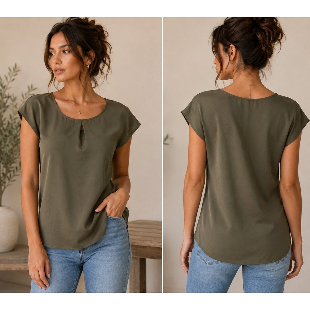 Koton Cap Sleeve Blouse Womens 6 Olive Green Pleated Neck Minimalist Top
